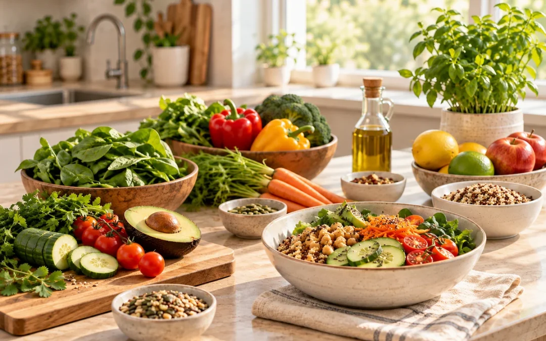 Ensalada de vegetales y granos acompañada de frutas, verduras frescas, legumbres y otros ingredientes