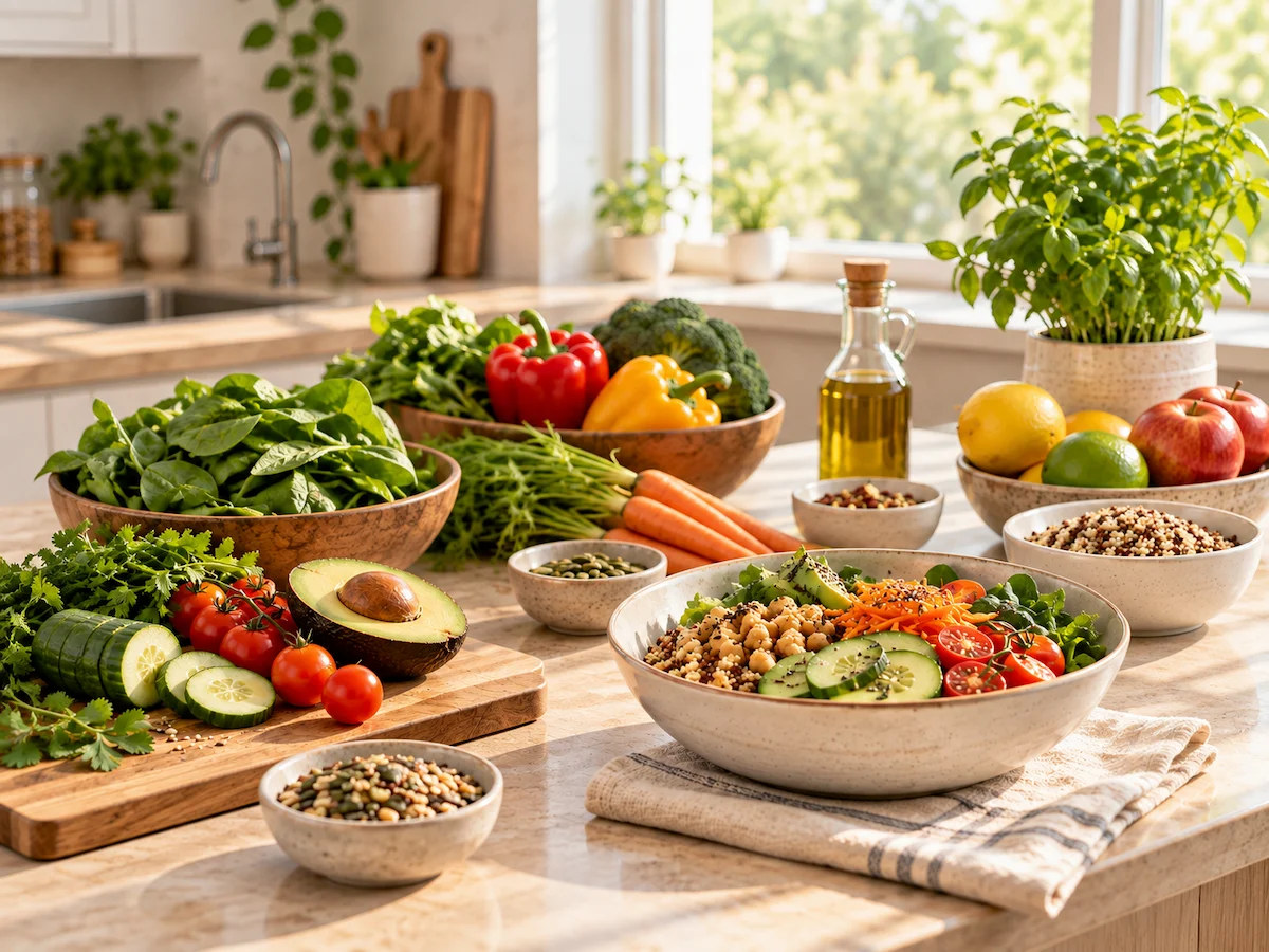 Alimentación equilibrada con ingredientes frescos y variados Ensalada de vegetales y granos acompañada de frutas, verduras frescas, legumbres y otros ingredientes