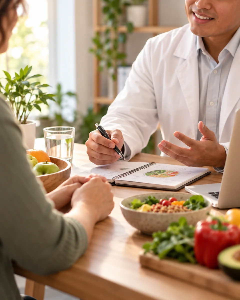 Asesoría y acompañamiento nutricional personalizado Profesional de nutrición conversando con una persona mientras revisan un plan de alimentación