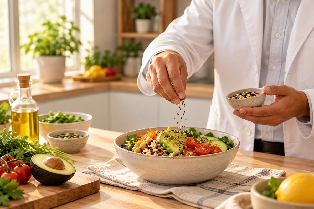 Preparación de alimentos frescos para una alimentación equilibrada Profesional con bata blanca añadiendo semillas a una ensalada de vegetales frescos y granos
